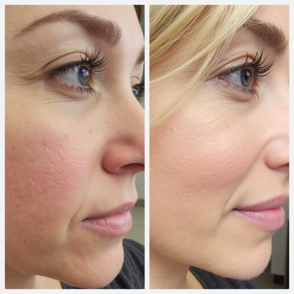 Close-up side profile before and after PRP face treatment, showing improved skin texture.