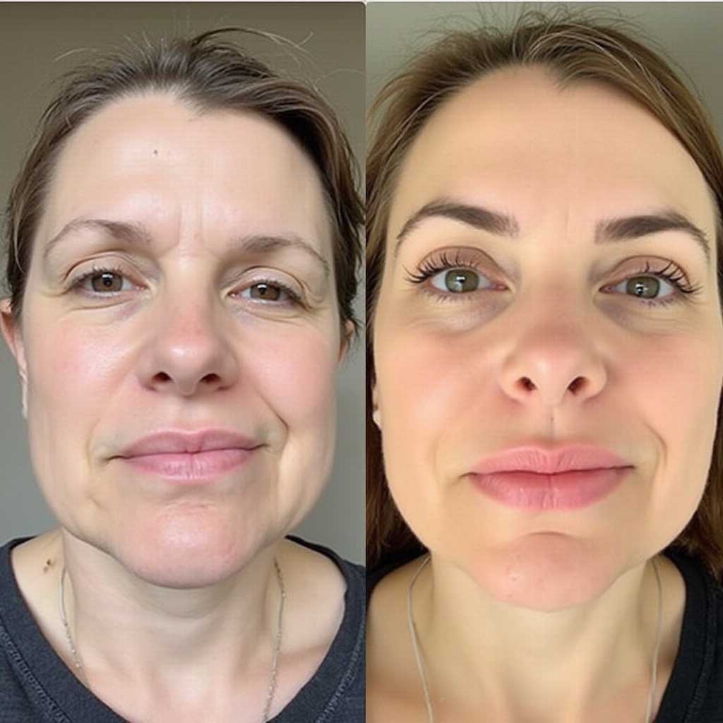 Full-face comparison before and after PRP therapy, highlighting smoother skin and enhanced glow.