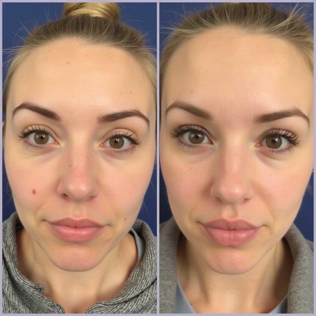 Before and after PRP facial treatment, demonstrating under-eye brightening and skin refinement.