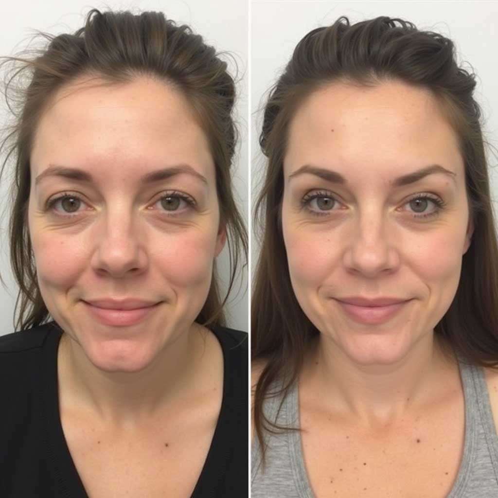 Front-facing before and after PRP treatment images, illustrating fine line reduction and enhanced radiance.