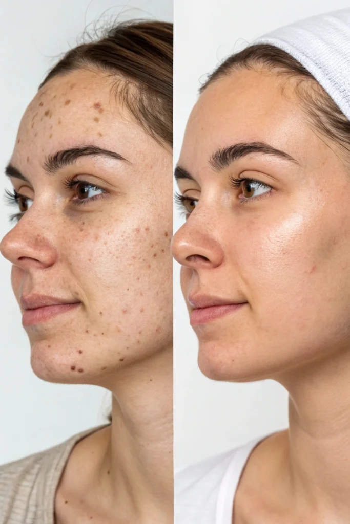 Microneedling acne scars and pigmentation before and after results from London Dermapen treatment.