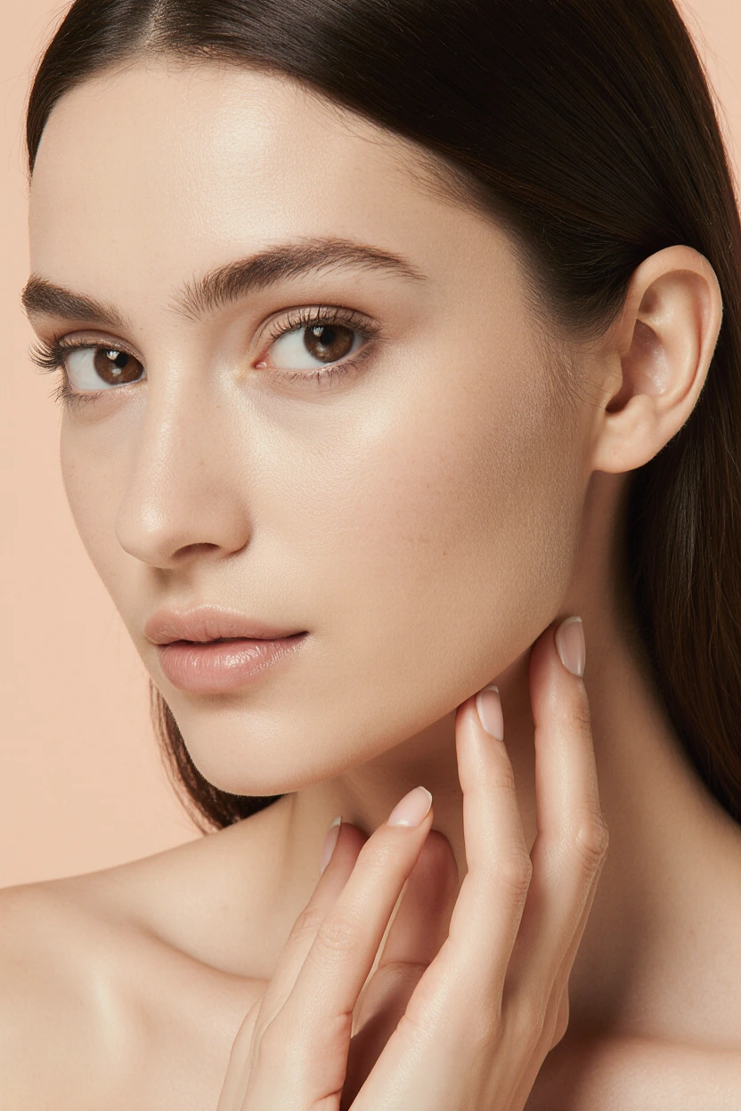 A woman with clear, radiant skin gently touches her face, showcasing natural beauty.