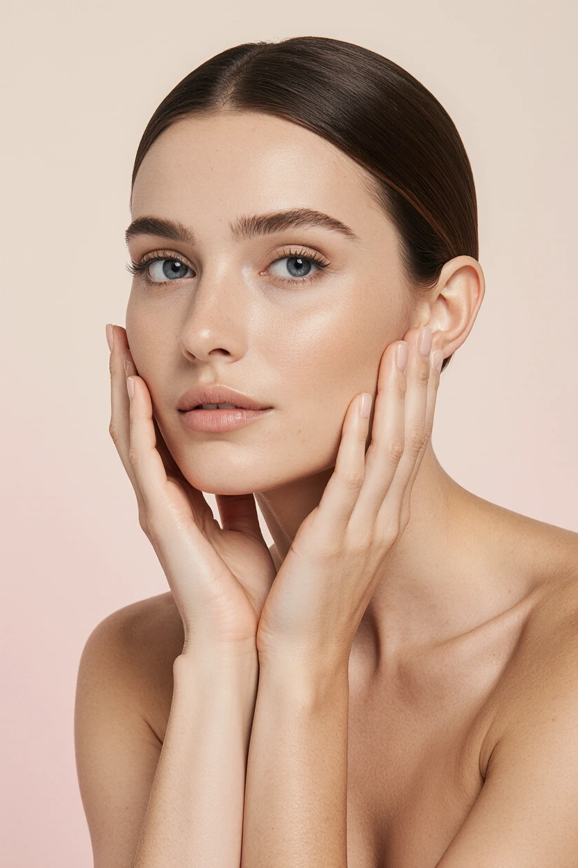 A woman with glowing skin gently touching her face, representing natural beauty from an aesthetic clinic