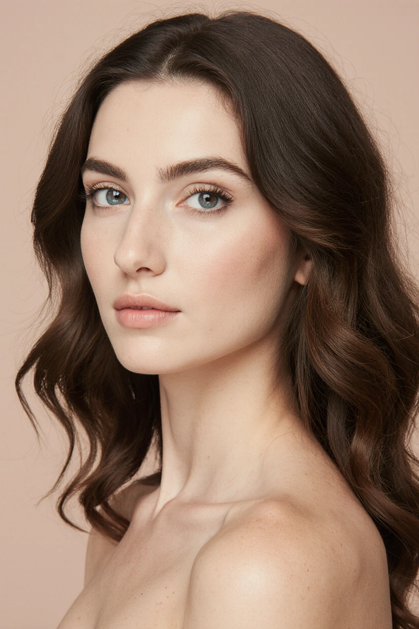 A woman with long dark hair, looking forward, showcasing the natural radiance achieved at our Aesthetic Clinic in South Kensington