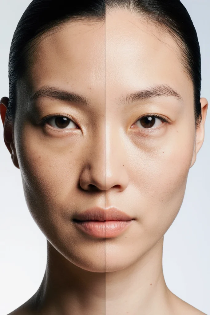 Before and after results of anti-aging IV therapy showing improved skin texture