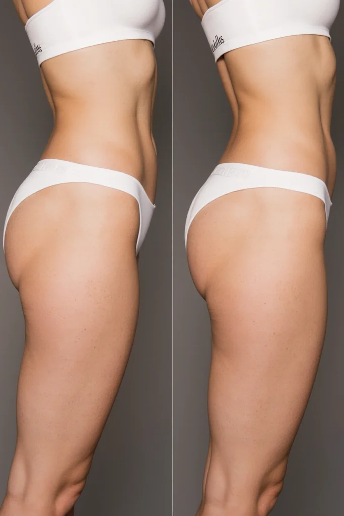 Before and after Exilis body treatment showcasing enhanced body contouring and tighter skin