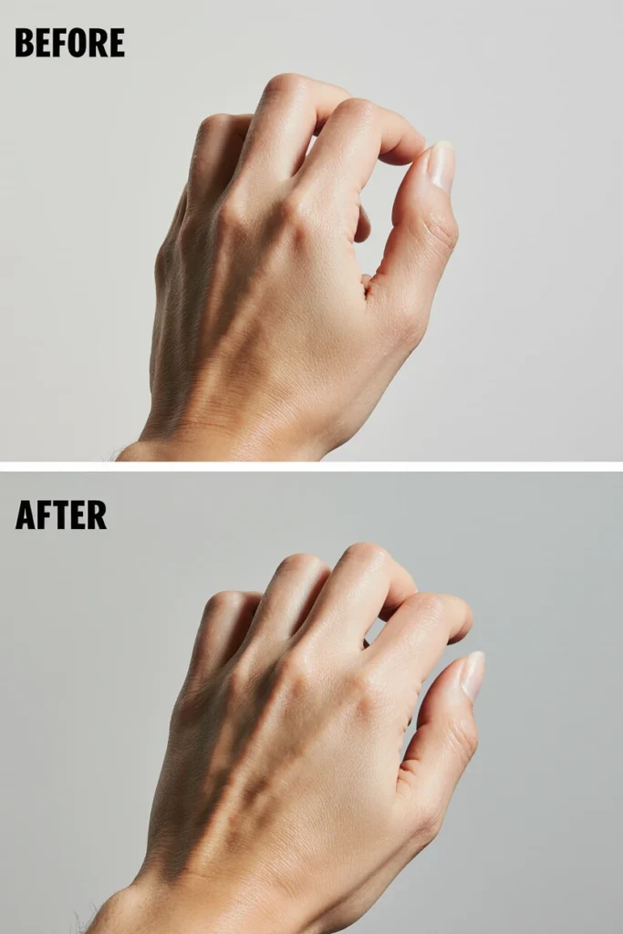 Before and after hand rejuvenation treatment showing significant aesthetic improvement