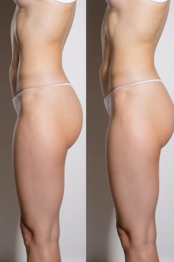 Before and after Sculptra body treatment results, showing significant improvement in body contours