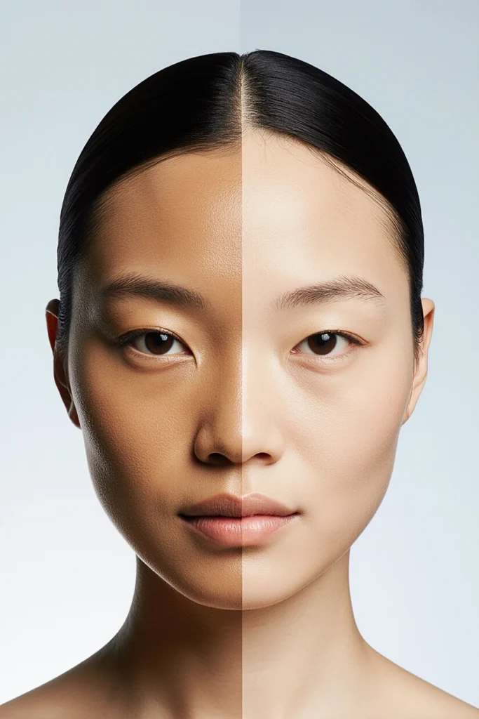 A clear visual of before and after skin whitening treatment results on a face