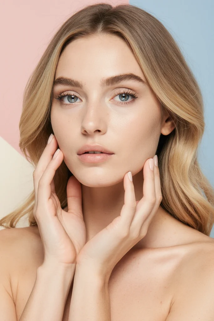 A woman with blonde wavy hair, hands touching her face, symbolizing the radiant skin from our Comprehensive Aesthetic Treatment Menu in Kensington and Chelsea