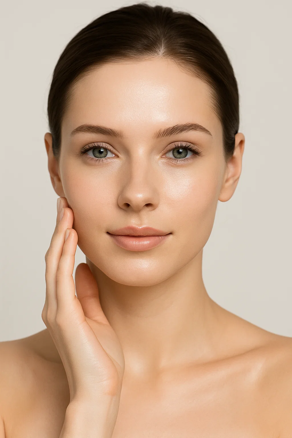 A woman gently touching her smooth face, showcasing the potential results of HIFU treatments