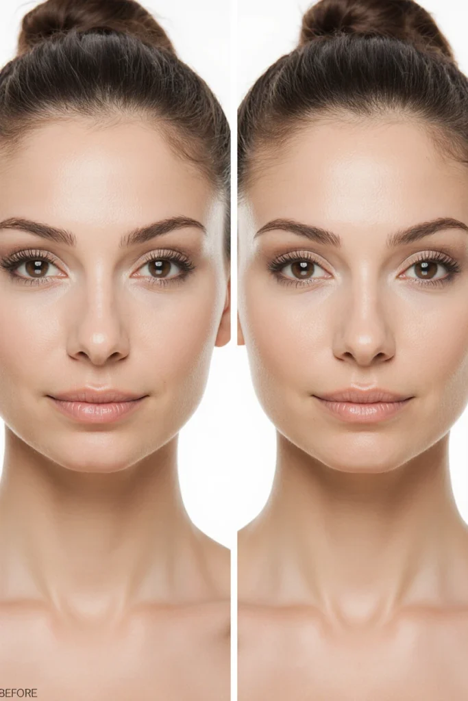 Before and after anti-aging IV therapy treatments with enhanced skin texture and glow