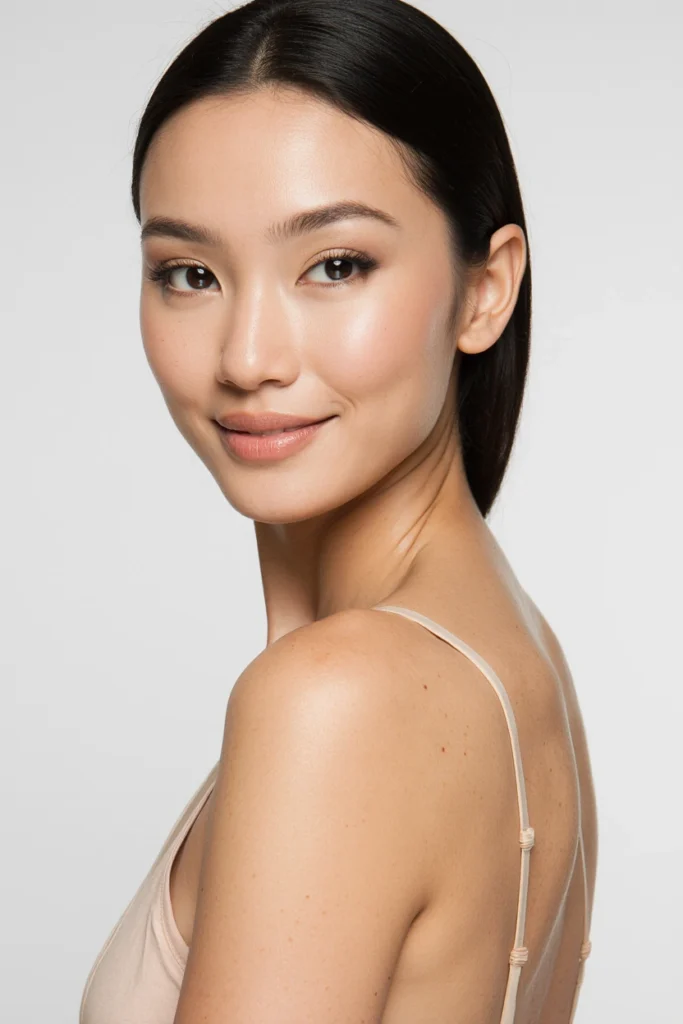 A beautiful woman with clear skin, showcasing the results of our Dermamelan Intimate Peel Treatments