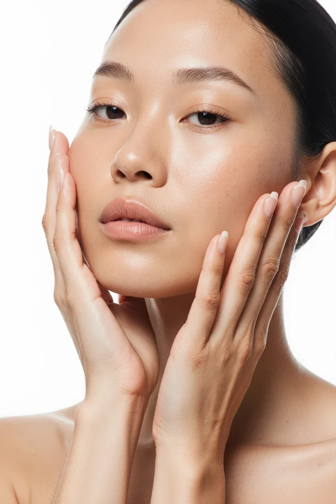 A woman gently touching her smooth, glowing skin after Dermapen treatments.