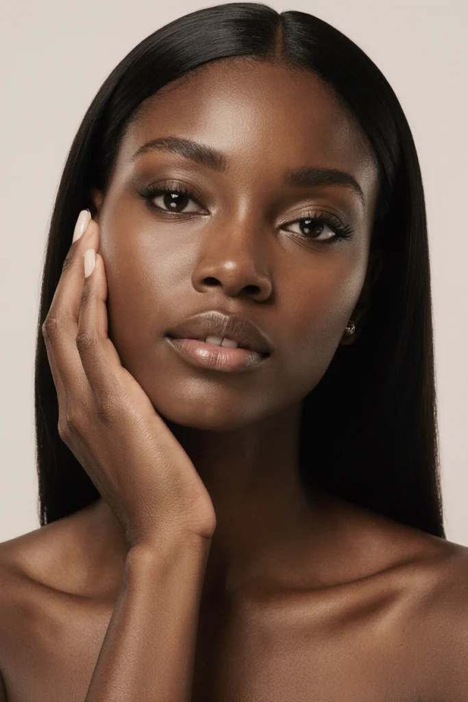 A woman with beautiful, clear skin gently touches her cheek, representing proven results from an aesthetic clinic.