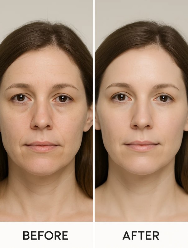 Before and after salmon DNA injection treatment results on a woman's face.