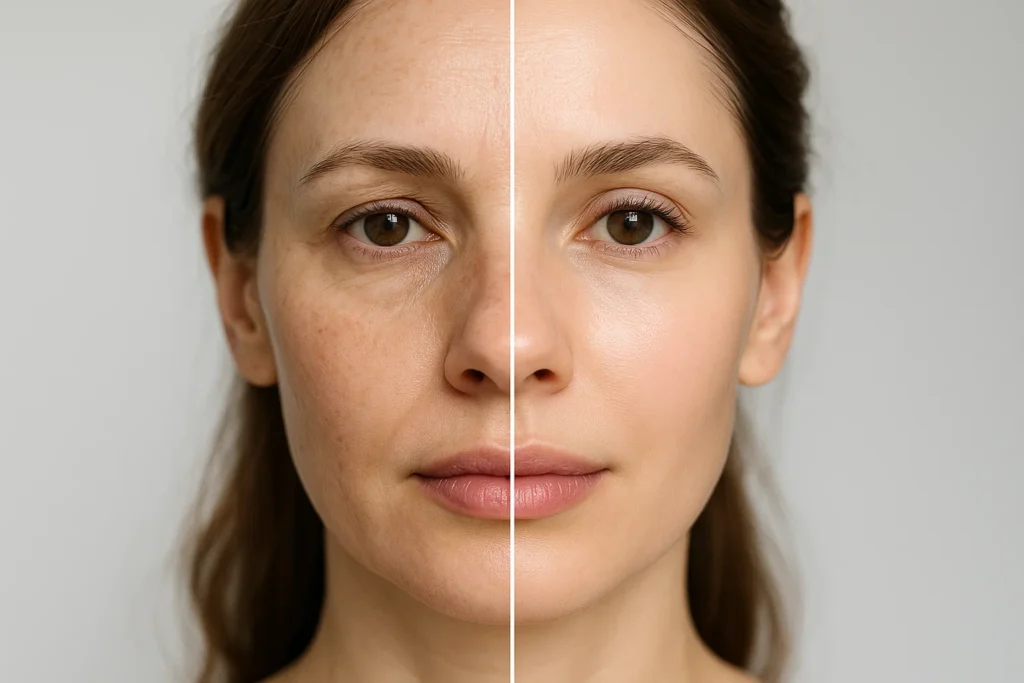 Patient before and after exosomes facial treatment with improved under-eye and forehead area.