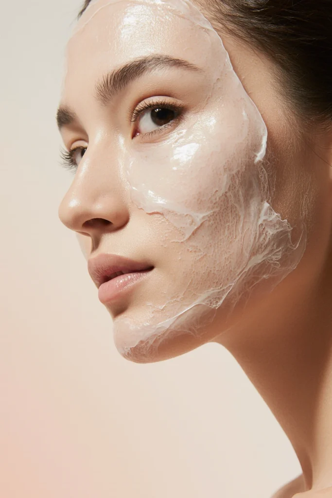 Woman with a white mask on her face, explaining what Dermamelan Intimate Peel is