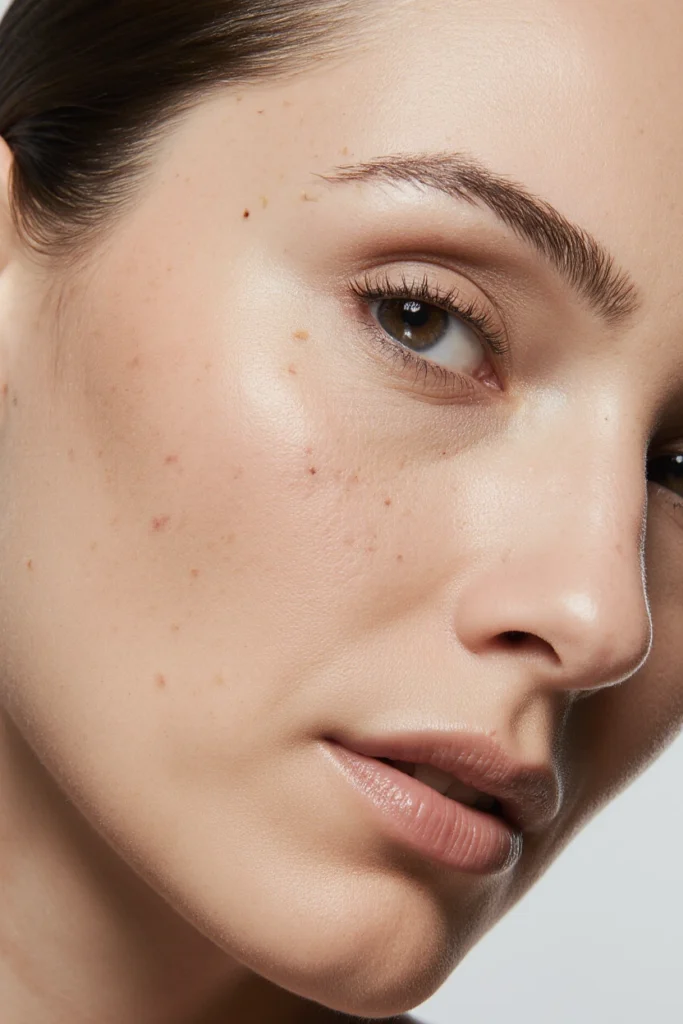 A close up of a face with clear skin after an Exilis face treatment