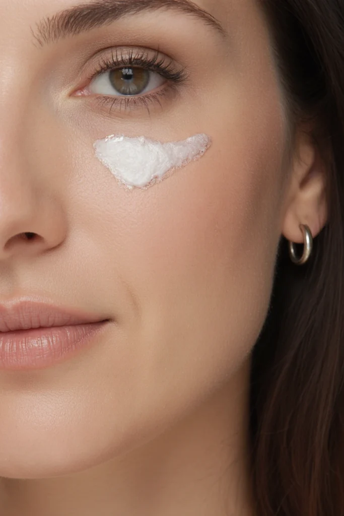 A person with a small triangle of white cream under her eye, asking what Radiesse filler is.