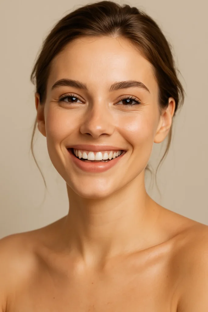 A smiling woman with glowing skin, showcasing the benefits of a vitamin IV drip