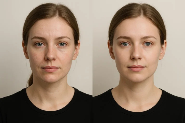 Before and after Acne Scar Removal treatment with clearer complexion.