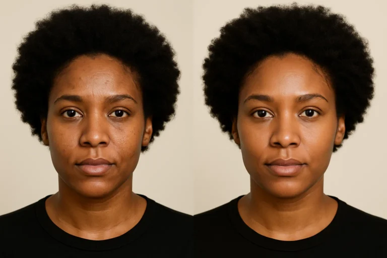 Before and after Acne Scar Removal treatment with smoother complexion and fewer blemishes.