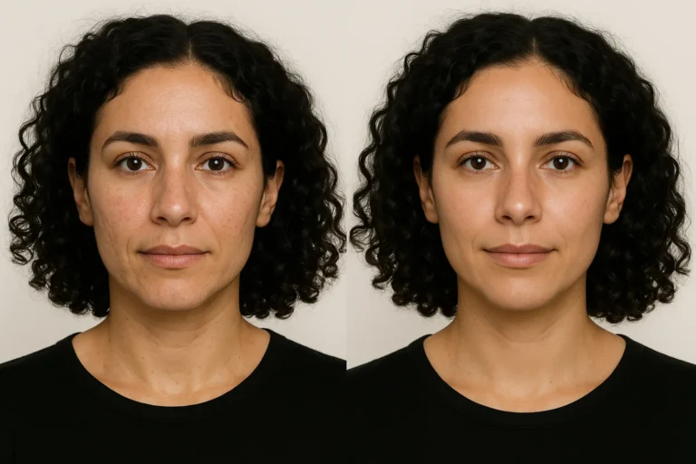 Before and after Acne Scar Removal treatment with smoother skin and refined pores.