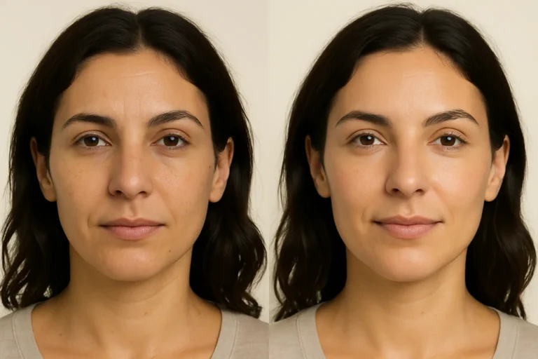 Before and after Skin Whitening treatment with glowing and even complexion.