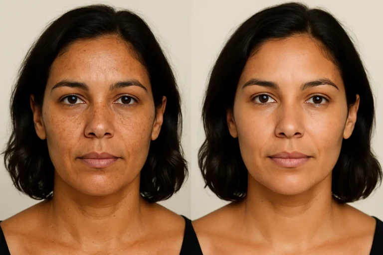 Before and after Skin Whitening treatment with reduced spots and smoother tone.