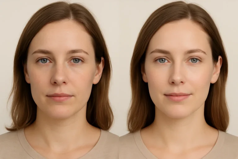 Before and after Skin Whitening with improved bright and flawless complexion.