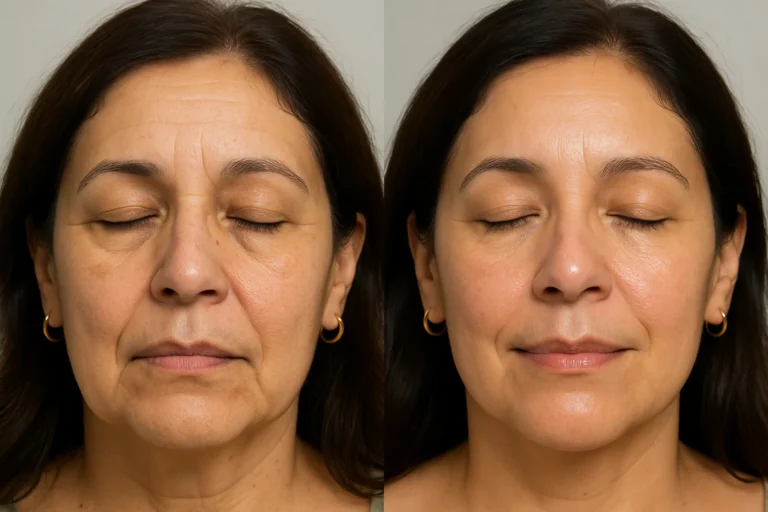 Before and after Glow & Go Facial with smoother skin and fewer wrinkles.