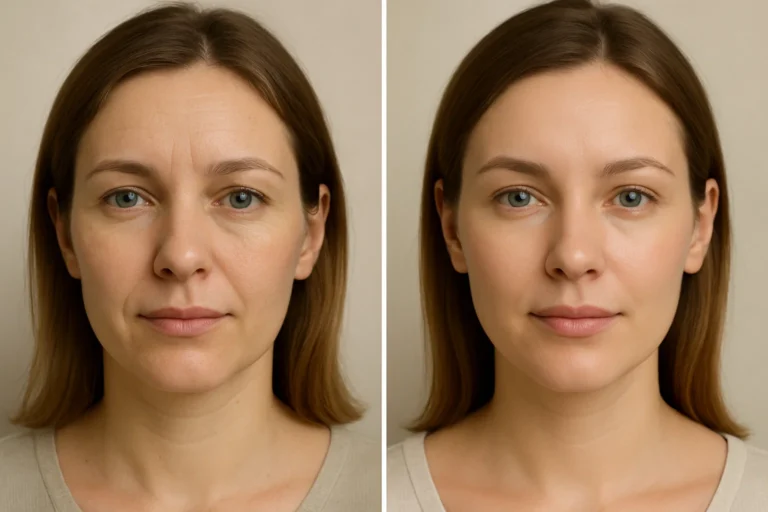 Before and after Dermal Fillers Full Face showing smoother skin and fewer wrinkles.