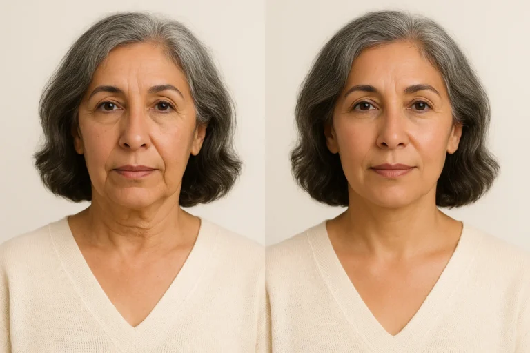 Before and after PRP Neck Treatments results with smoother youthful skin.