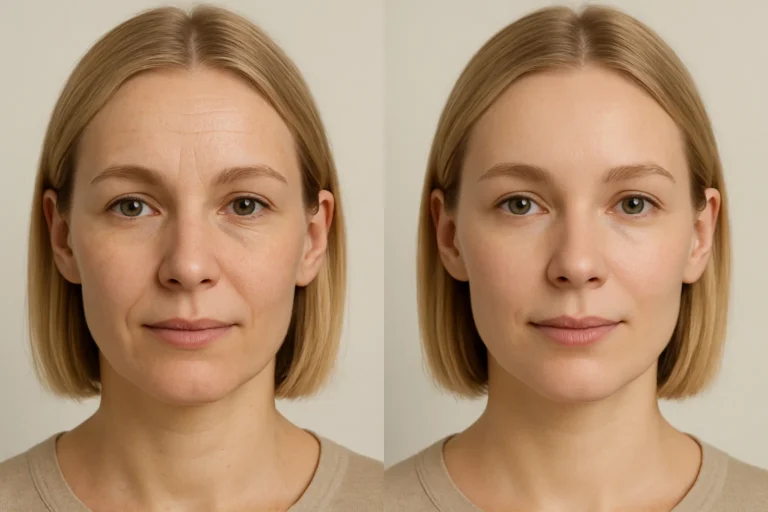 Before and after Vampire Facelift treatment with smoother skin and fewer wrinkles.