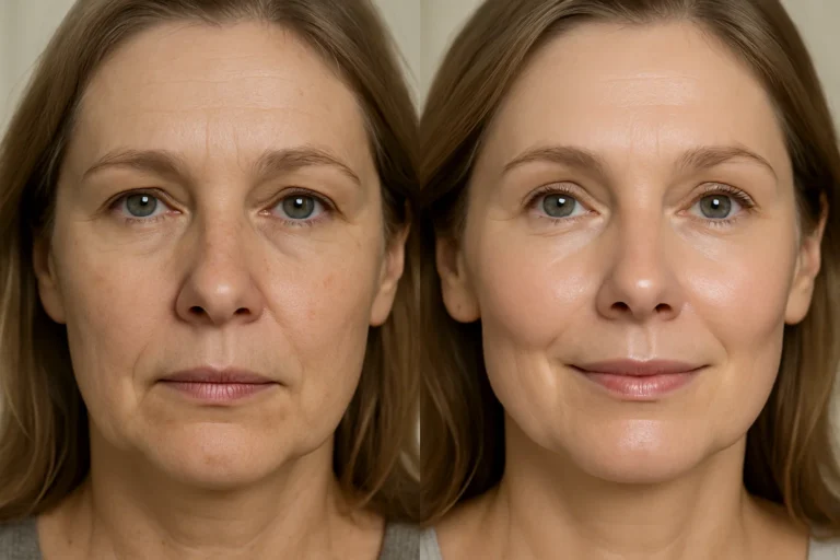 Before and after Glow & Go Facial with visible skin improvement and wrinkle reduction.