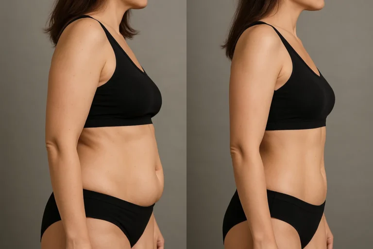 Before and after Exilis Body with reduced belly fat and a toned waistline.