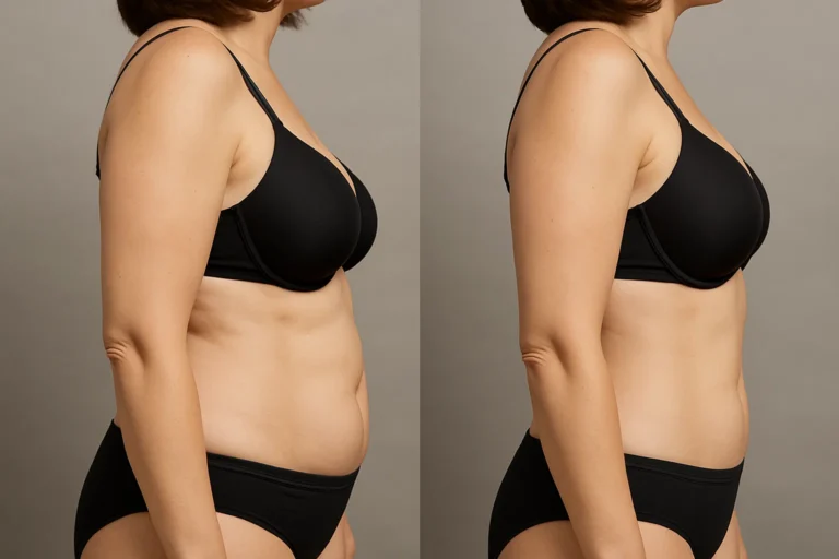 Before and after Morpheus8 Body Treatment view showing toned belly and reduced fat