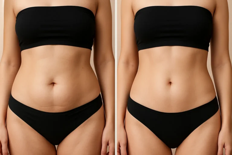 Before and after Exilis Body with flat stomach and slimmer waist.