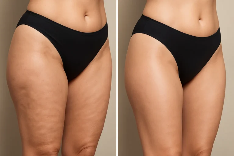 Before and after Exilis Body results with smoother thighs and toned skin.