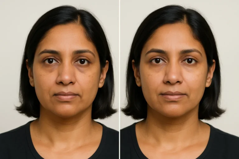 Before and after PRP Under Eyes with brighter under eyes and smoother skin.