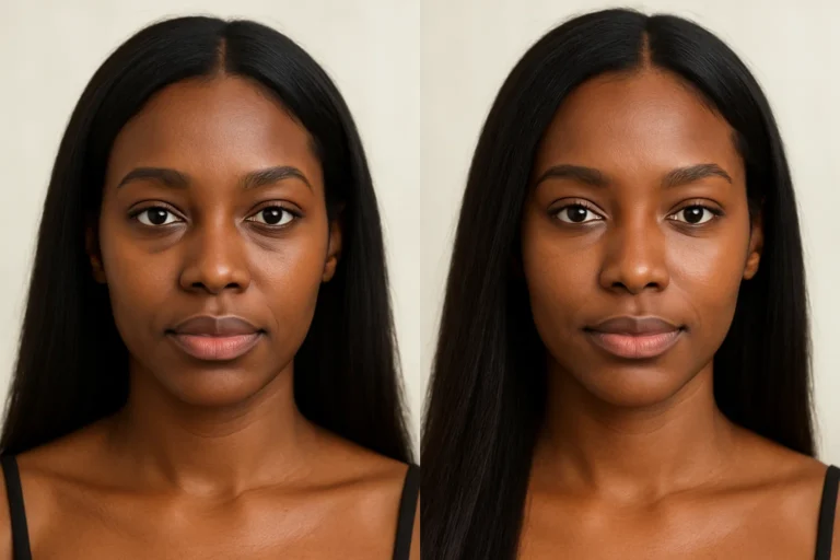 Before and after PRP Under Eyes with refreshed eyes and smoother skin tone.