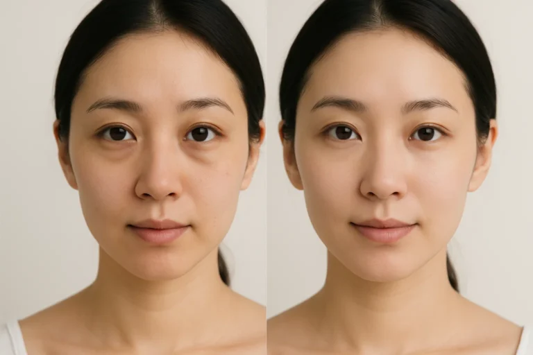 Before and after PRP Under Eyes with brighter eyes and improved skin tone.