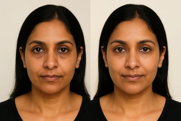 Before and after Vampire Facelift treatment with brighter under eyes and smoother skin.