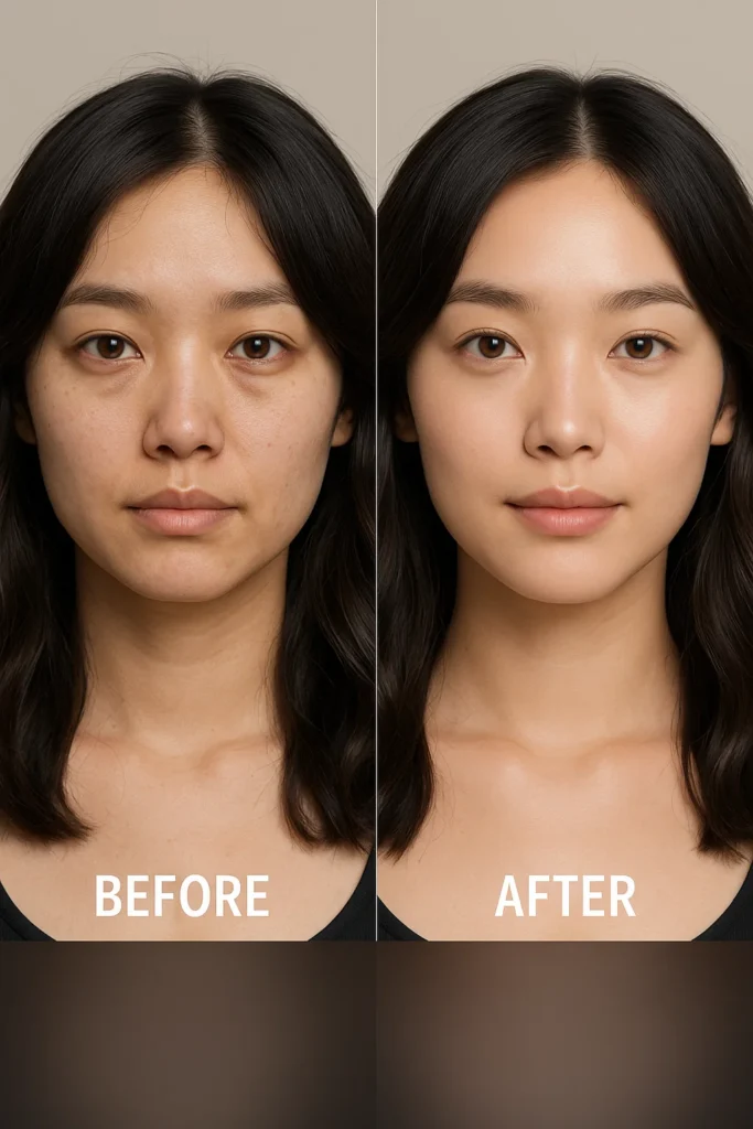 A woman's before and after photos showing the positive effects of a Deluxe HydraFacial Treatment.