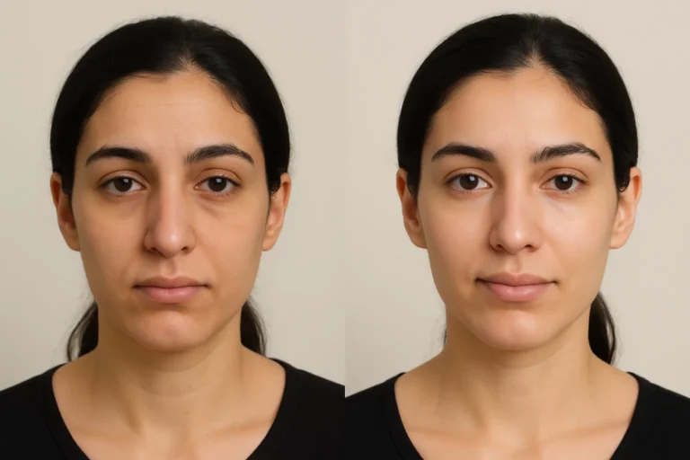 Before and after Vitamin Drip retouching dark circles with smooth natural look.