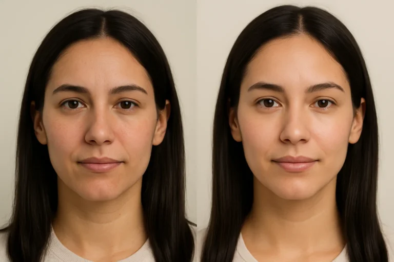 Before and after Anti-Aging Therapy natural result with clear complexion.