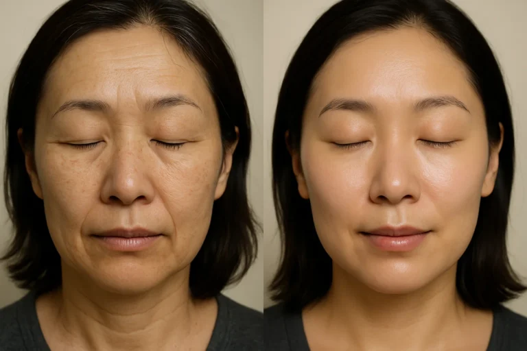 Before and after facial HydraFacial Treatment with smoother skin and fewer wrinkles.