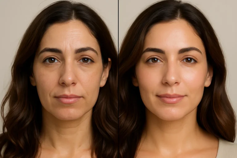 Before and after Signature HydraFacial with smoother skin and youthful glow.