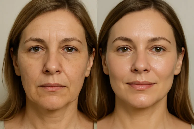 Before and after facial HydraFacial Treatment with smoother glowing youthful skin
